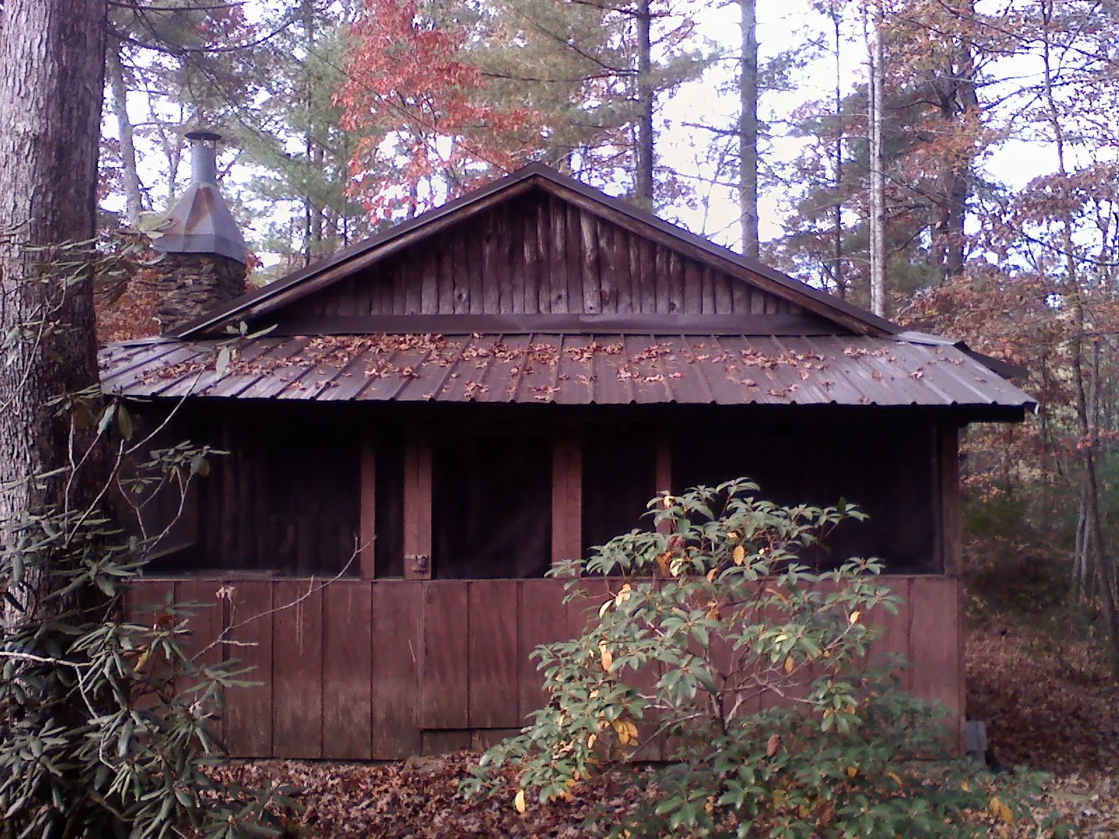 Metal roof over the screened porch of a rustic cabin in West Bridgewater